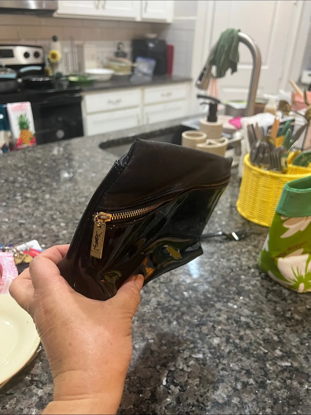 Yves Saint Laurent Black Patent Leather Makeup Pouch with YSL Zip Pull